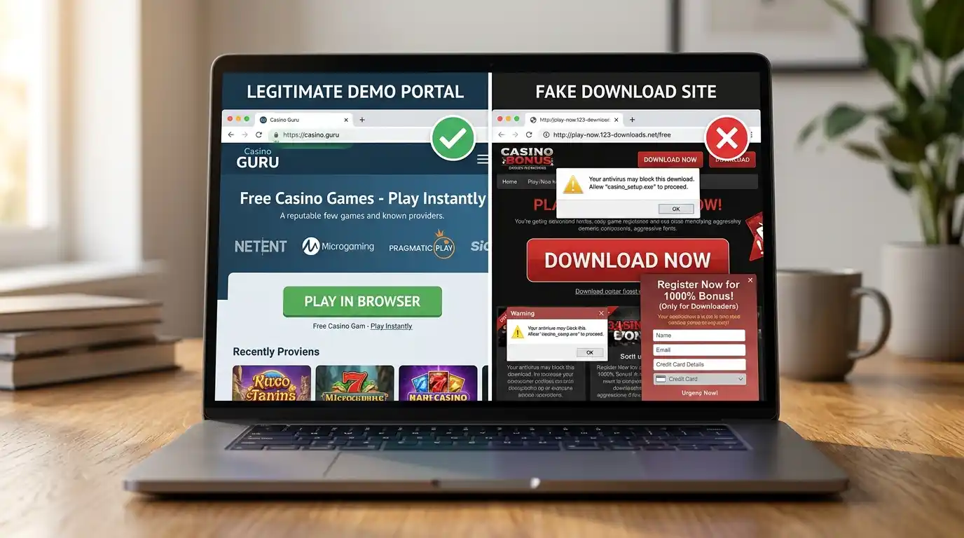 Laptop-Screen zeigt Vergleich zwischen seriösem Demo-Portal und Fake-Download-Seite