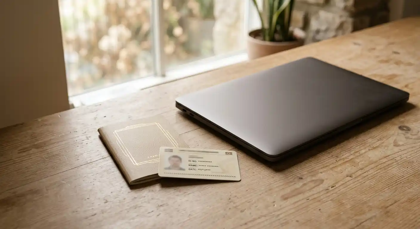Ausweisdokument und Laptop auf ordentlichem Schreibtisch in neutralem Licht