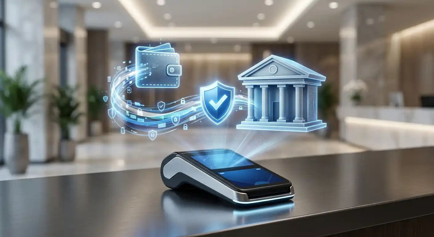 Illustration eines sicheren Einzahlungsvorgangs mit Bankverbindung und E-Wallet