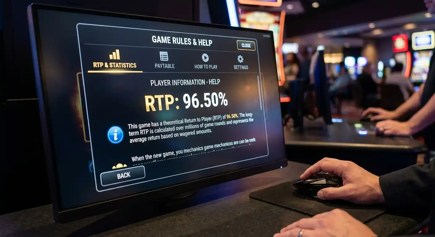 Hilfe-Bildschirm eines Slots mit RTP-Anzeige und Spielinformationen