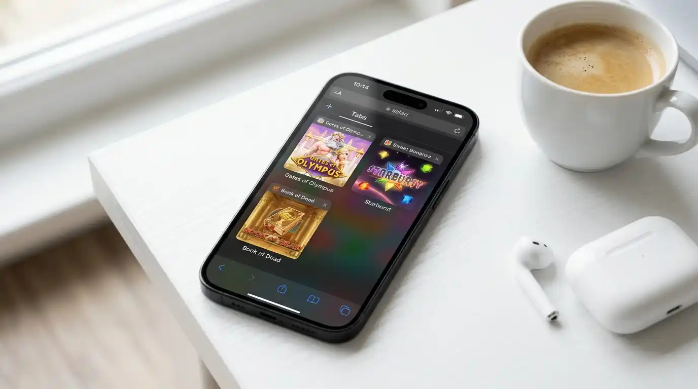 Tidy desk mit Smartphone, das verschiedene Slot-Demos in Browser-Tabs zeigt