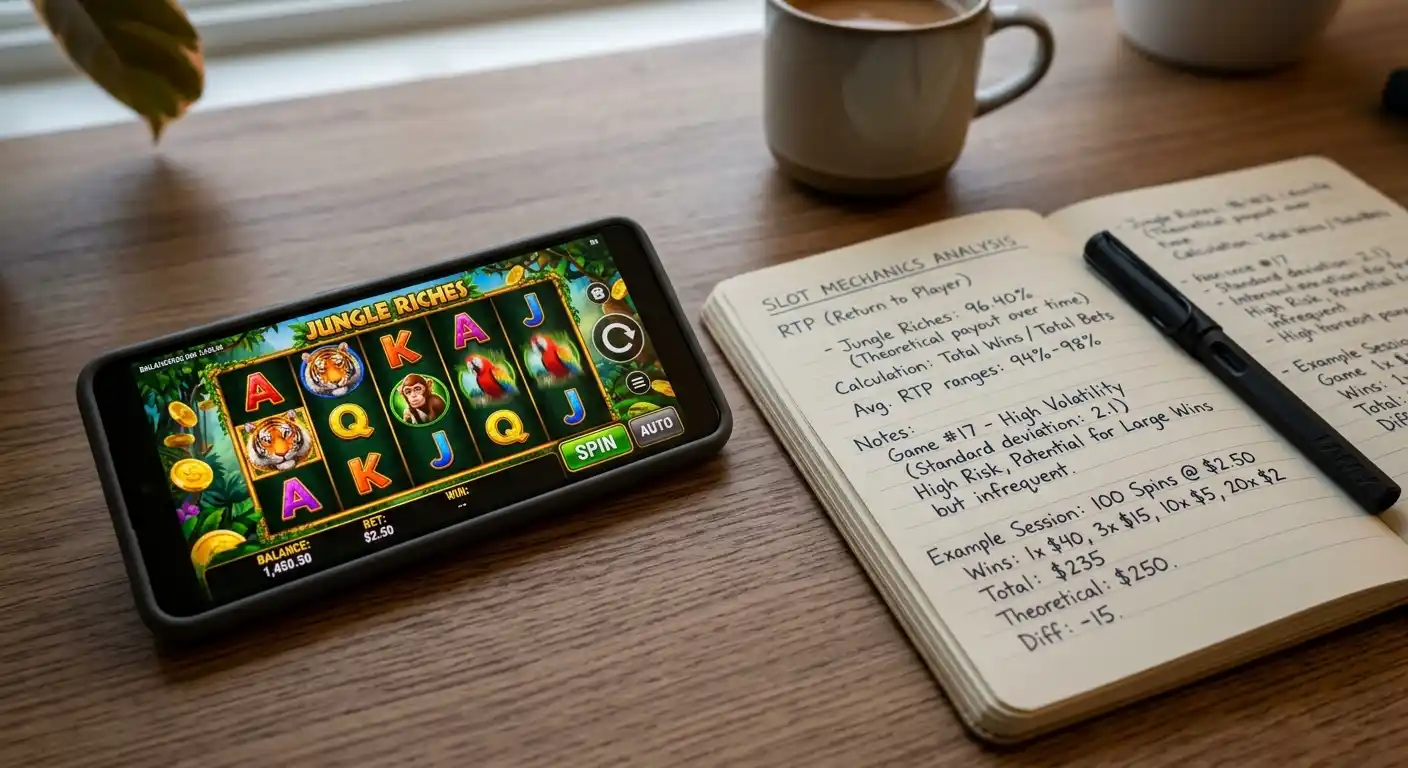 Smartphone mit farbenfrohem Slot-Spiel mit drehenden Walzen und Symbolen, daneben Notizbuch mit handschriftlichen Berechnungen zu RTP und Volatilität, sanftes Schreibtischlicht, realistische Fotografie, keine echten Banknoten oder Geldscheine sichtbar, saubere Komposition, neutrale warme Töne