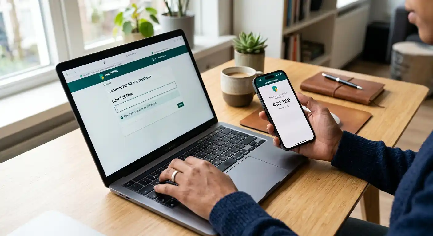 Person am Laptop mit Smartphone für TAN-Bestätigung bei Online-Banking