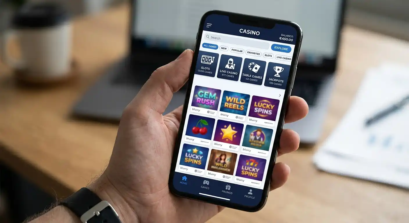 Smartphone-Display mit Spielauswahl-Interface zeigt Slots, Live-Casino und Filter-Optionen in einem internationalen Casino