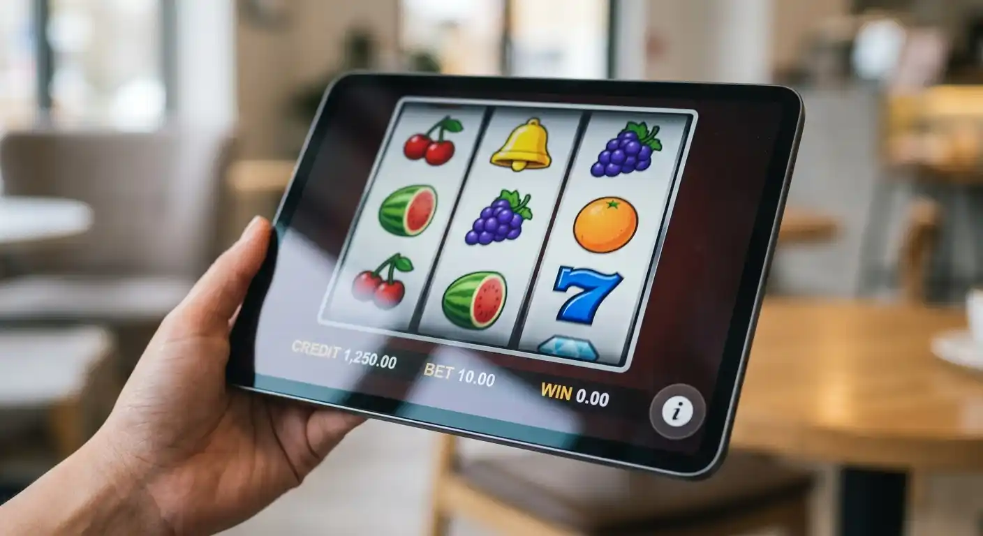 Neutrale Spielautomaten-Walzen mit generischen Symbolen und einem kleinen Info-Button in der Ecke