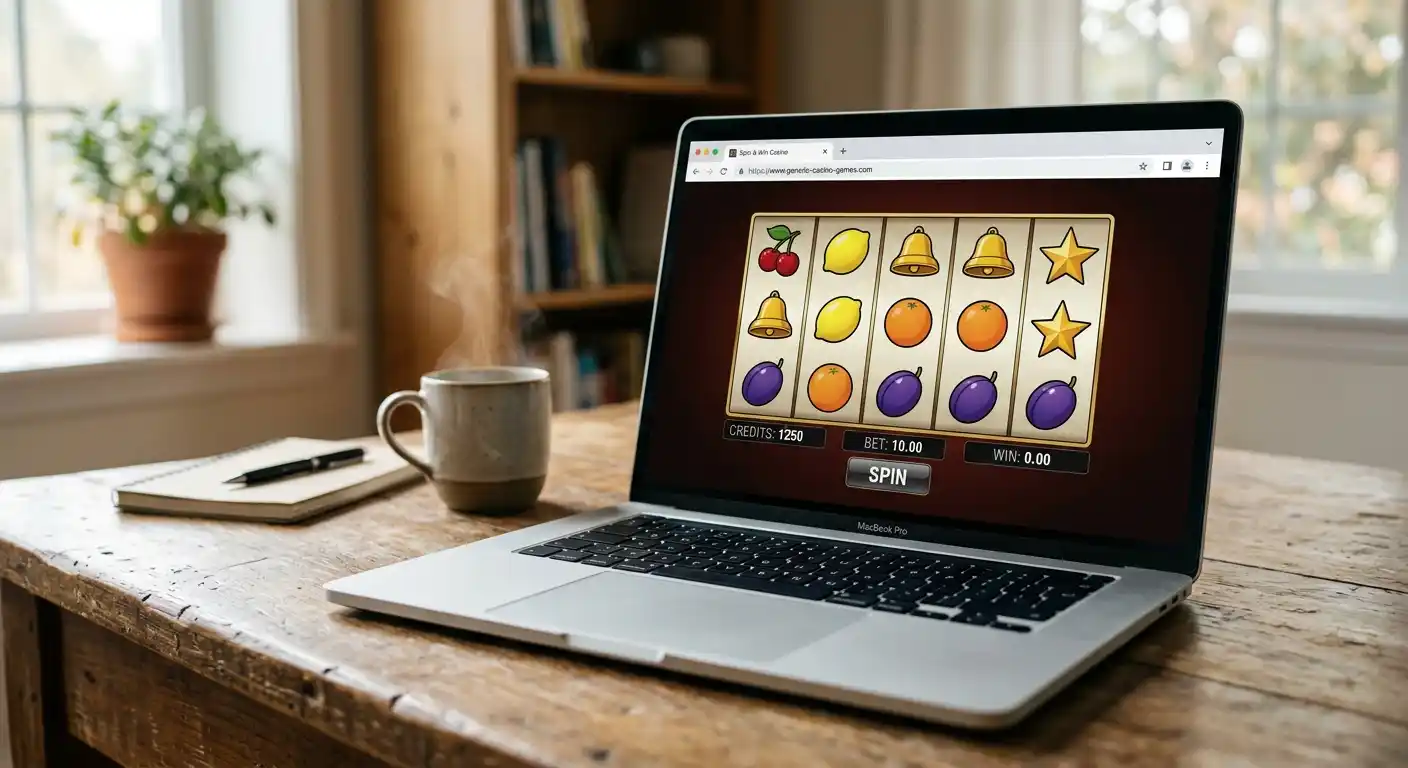 Browserfenster mit neutralen Spielautomaten-Symbolen und Walzen ohne Markenlogos