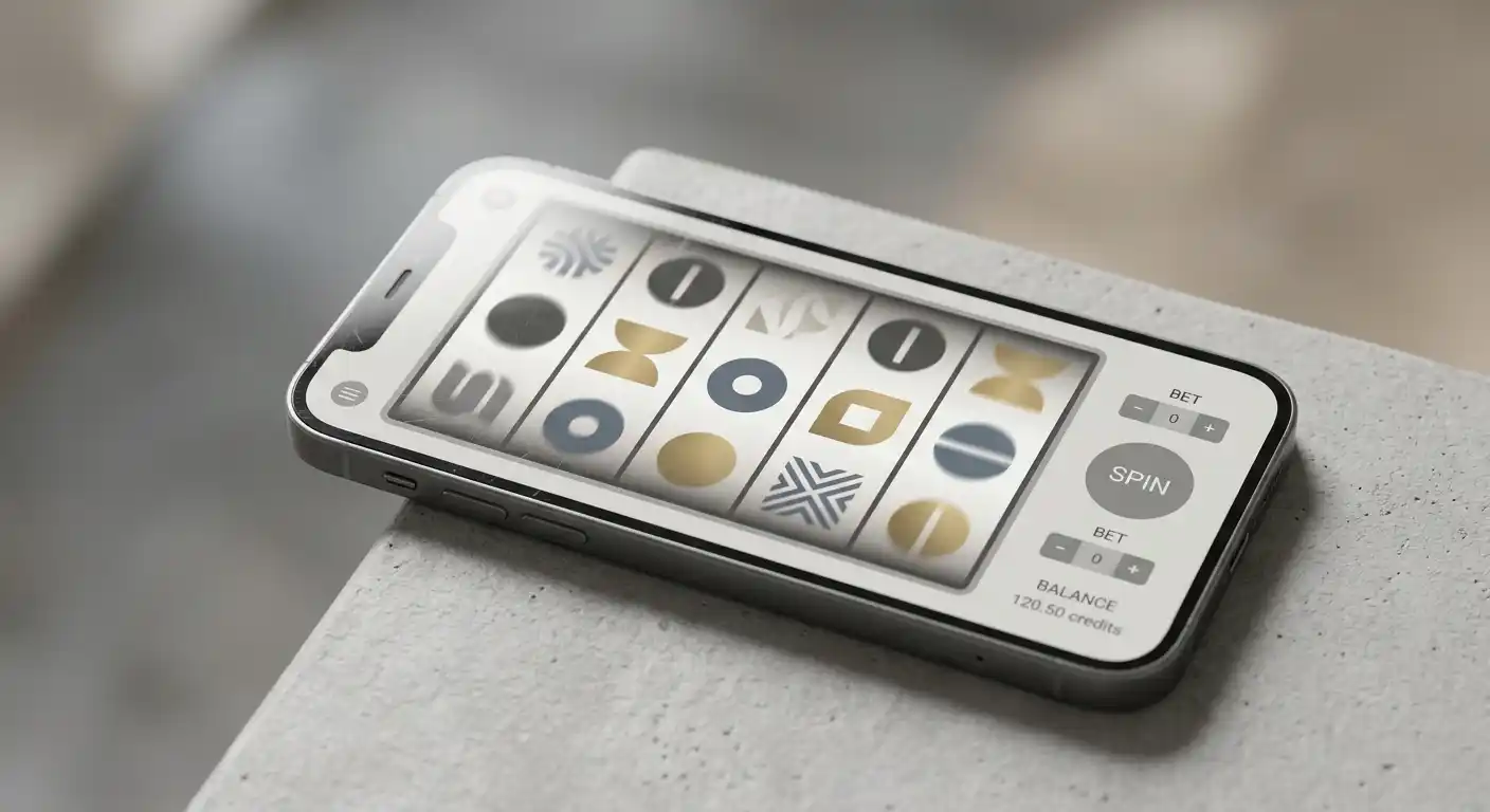 Smartphone mit generischen Walzen und neutralen Spielsymbolen im Hochformat