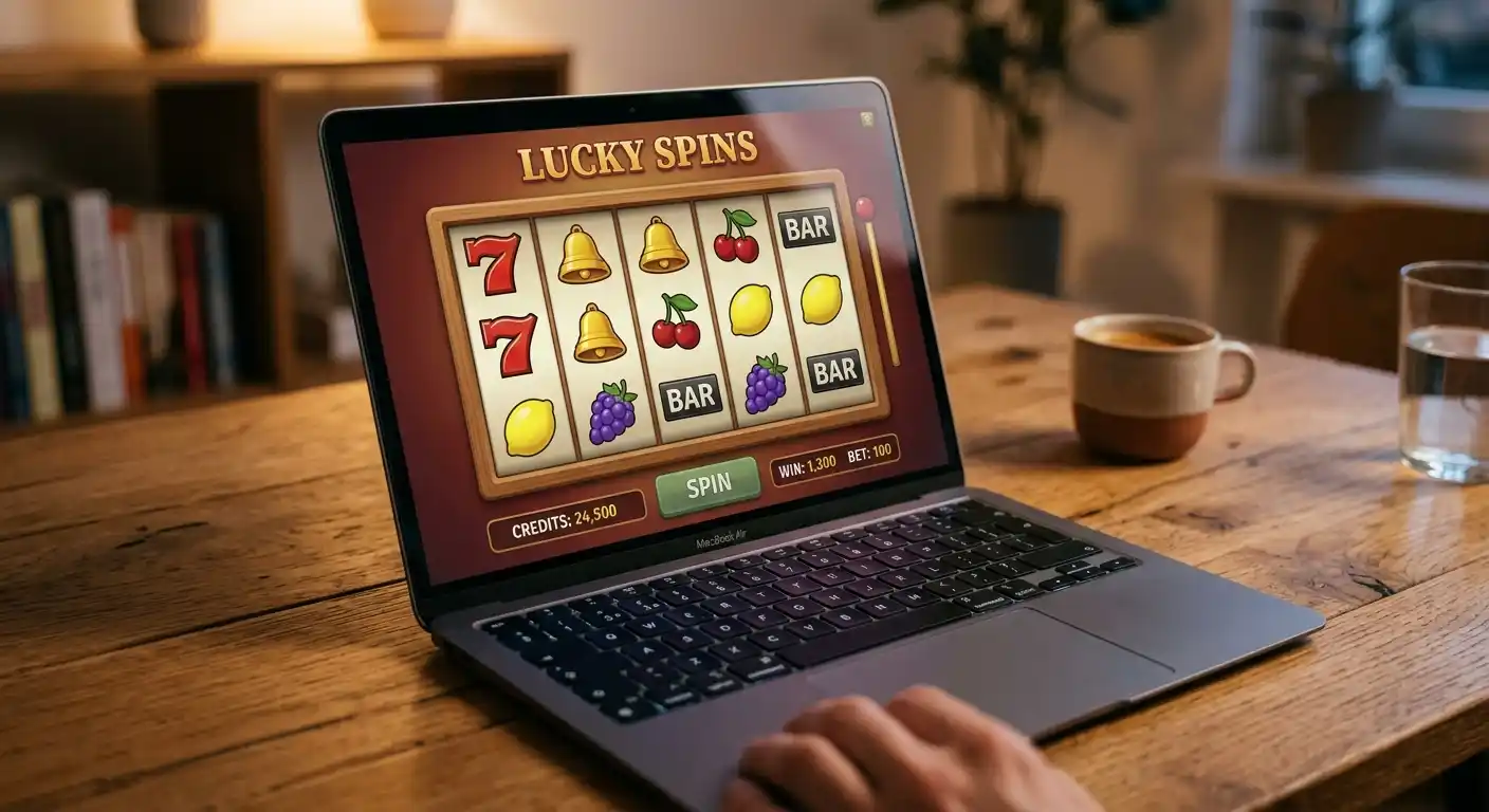 Neutrale Spielautomaten-Oberfläche mit generischen Frucht- und Glockensymbolen auf dem Bildschirm