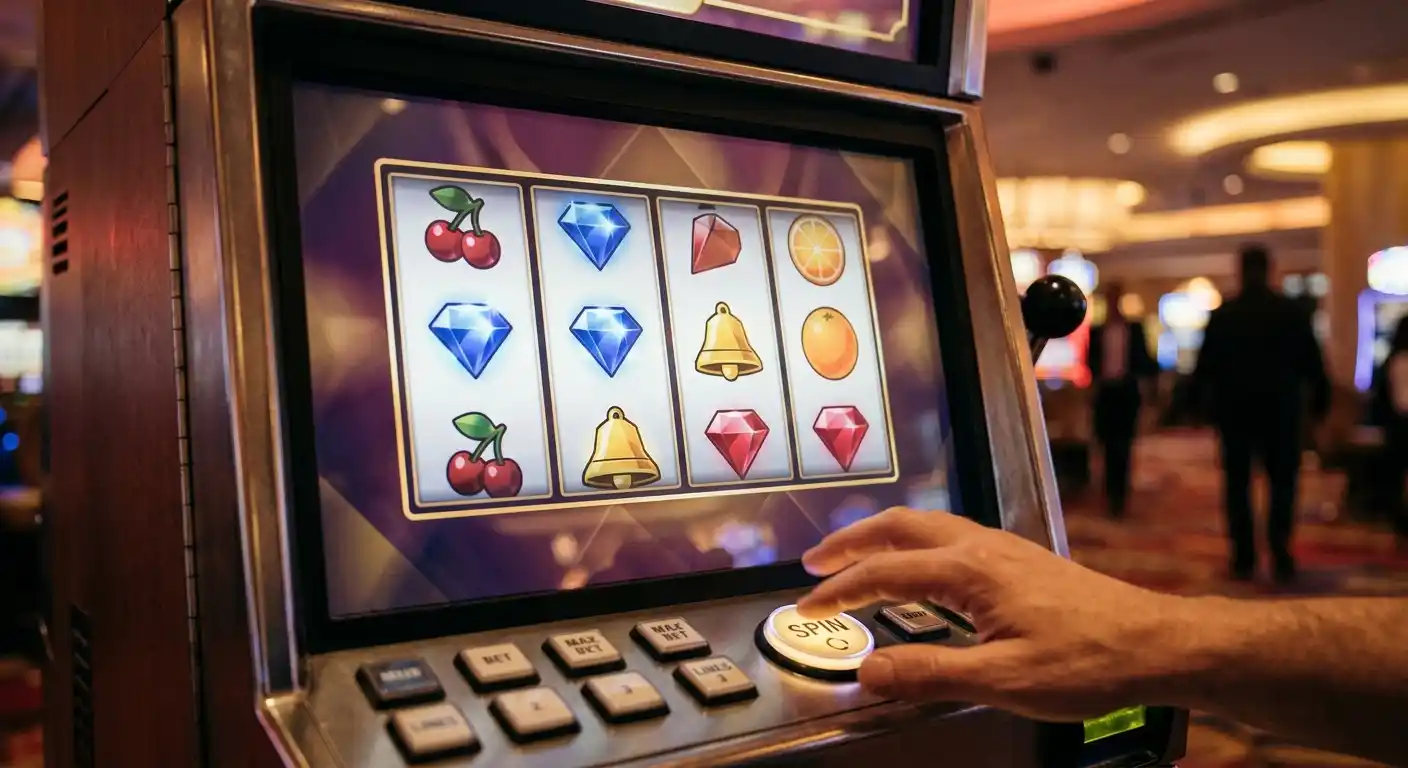 Generische Spielautomaten-Walzen mit abstrakten Frucht- und Edelsteinsymbolen ohne erkennbare Markenbindung