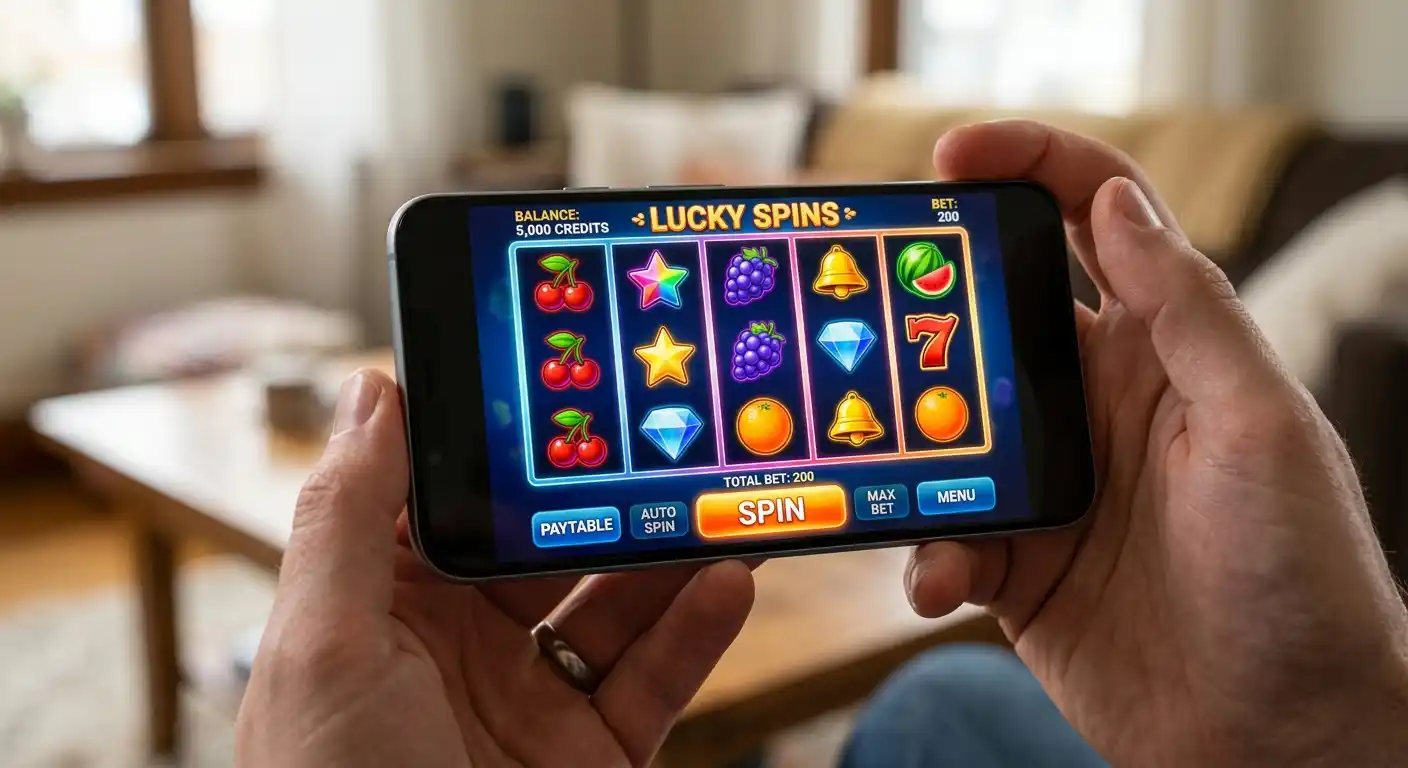 Smartphone in der Hand zeigt eine allgemeine Spielautomaten-Oberfläche mit abstrakten bunten Symbolen