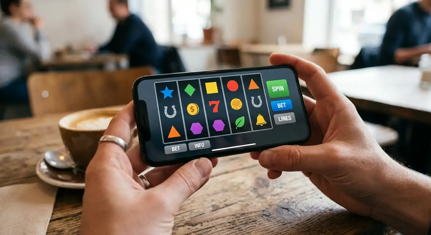 Smartphone mit neutralen Spielwalzen auf dem Bildschirm, keine Marken-Symbole