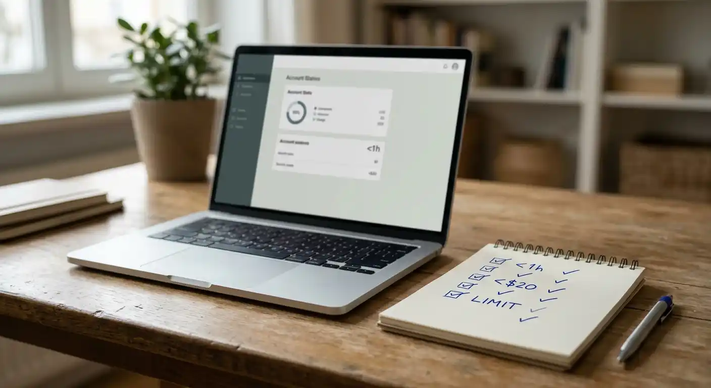 Ruhige Szene mit Laptop und Notizzettel zum Thema Spielerschutz auf einem Schreibtisch