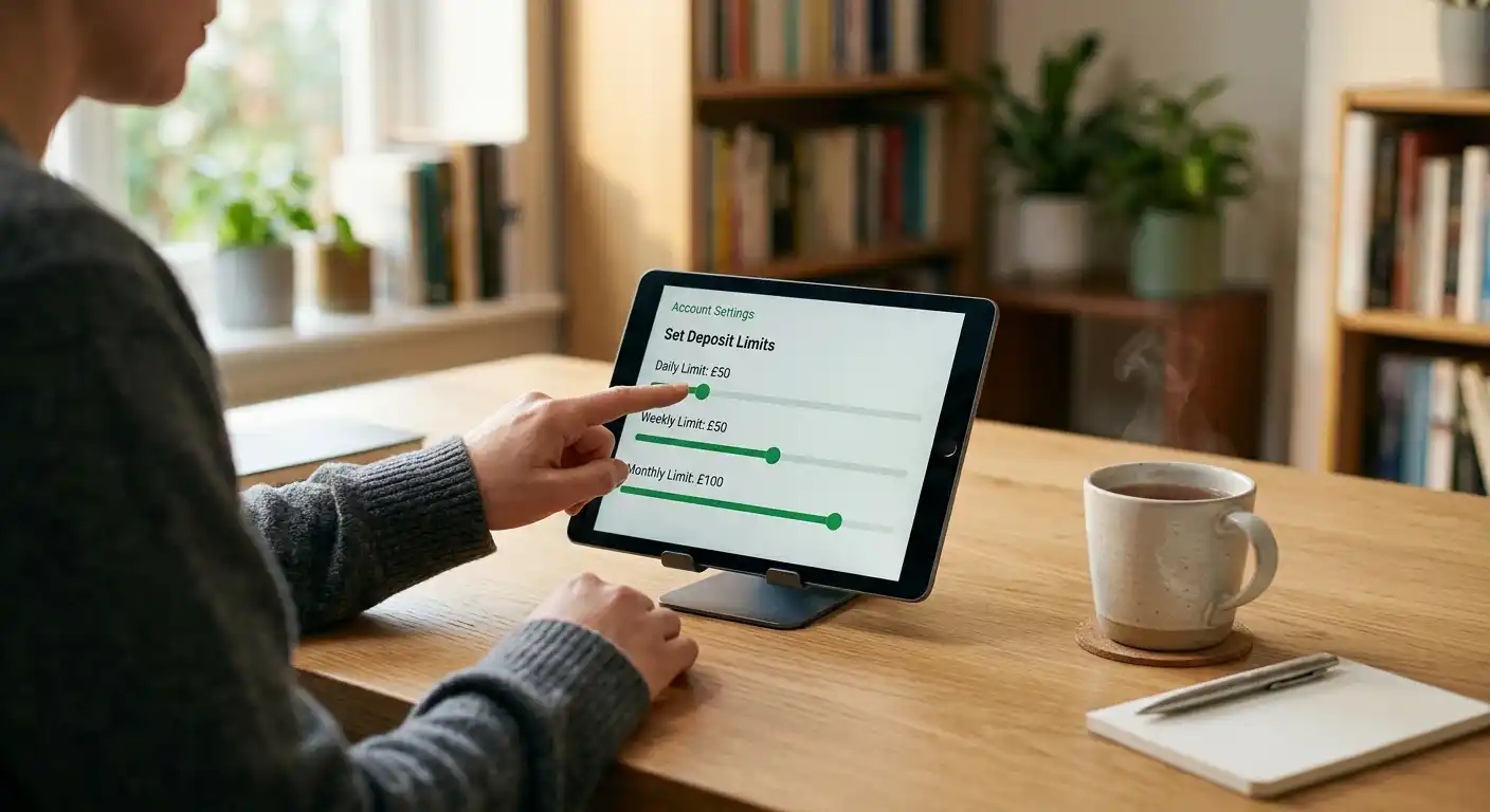 Ruhige Szene einer Person, die auf einem Tablet ein Limit-Menü einstellt, daneben eine Tasse Tee auf einem aufgeräumten Tisch