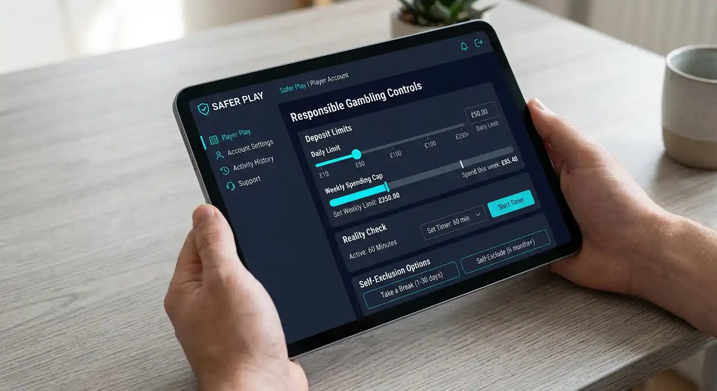 Spielerschutz-Symbol mit Limit-Anzeige auf einem Tablet-Display
