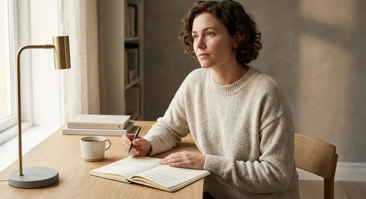 Person am Schreibtisch mit Notizblock und Stift als Symbol für die individuelle Entscheidung