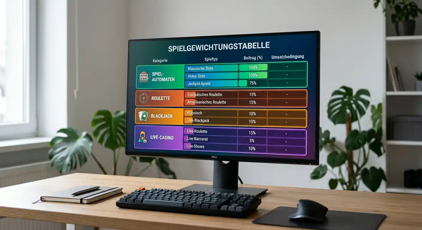 Übersichtliche Tabelle mit Spielgewichtungstabelle für verschiedene Casino-Spielkategorien auf einem Monitor