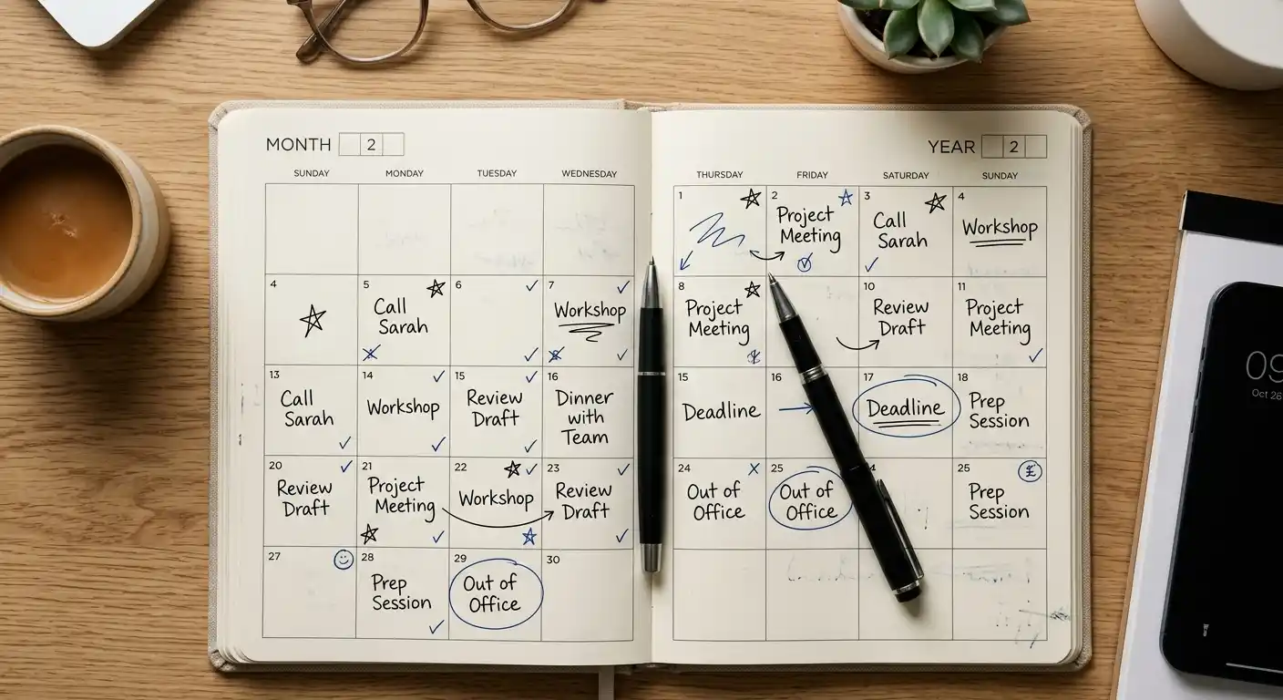 Kalender mit markierten Sperrfristen und Notizen