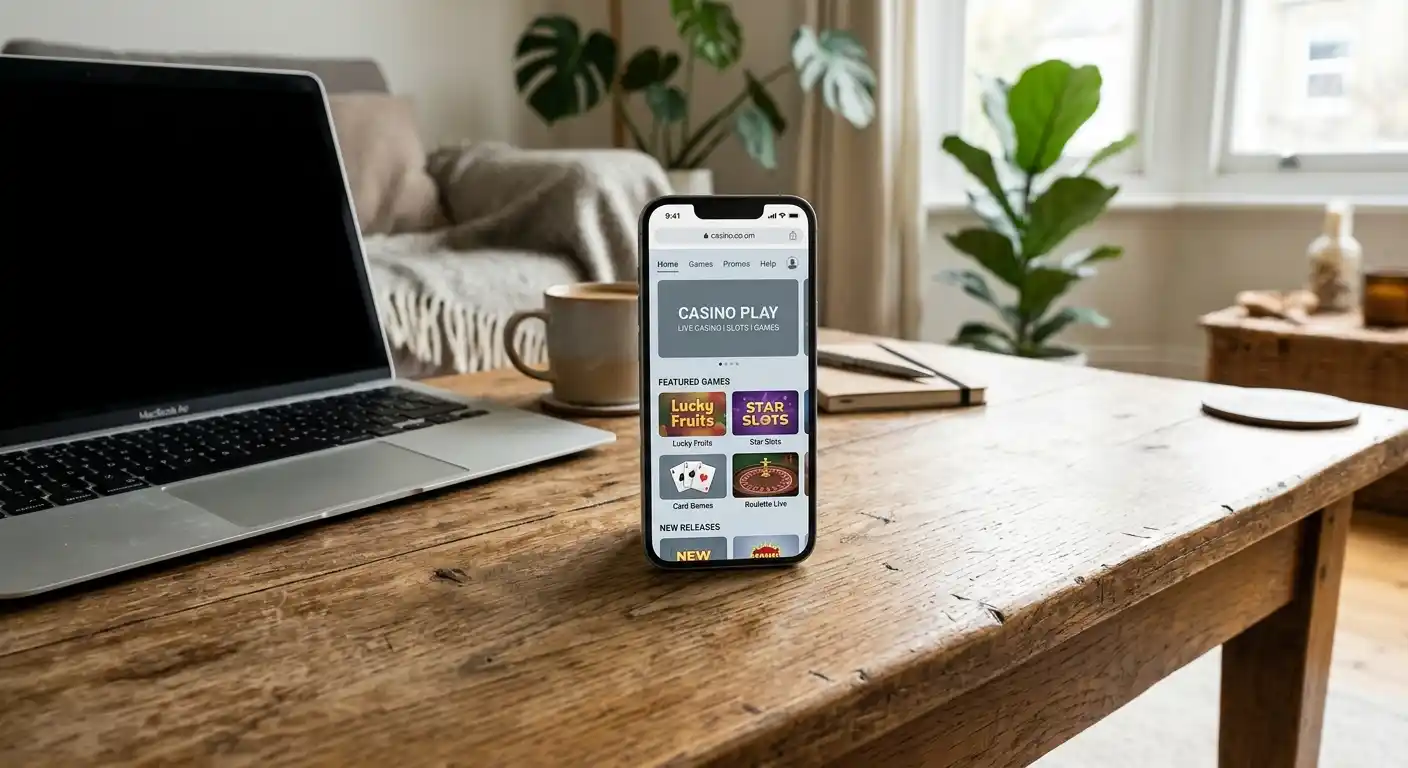Smartphone mit neutraler Casino-Browseransicht neben einem Laptop auf einem Couchtisch