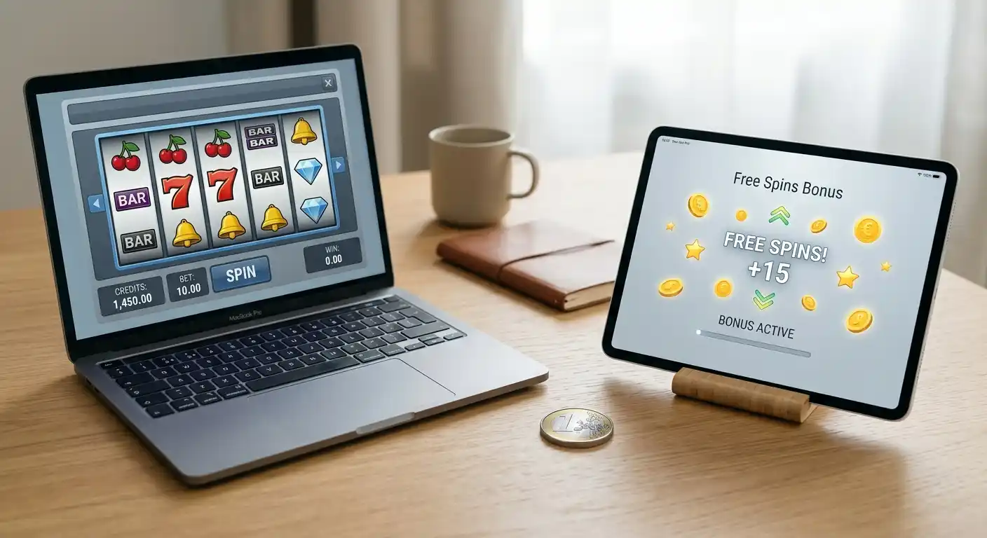 Geteilter Schreibtisch mit Laptop für Spielautomaten und Tablet für Freispiele, Euro-Token in der Mitte