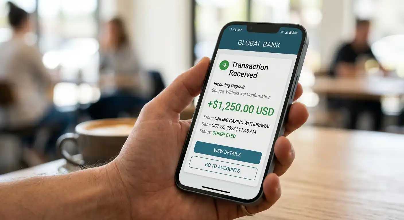 Smartphone mit Banking-App, die eingehende Überweisung von Casino anzeigt