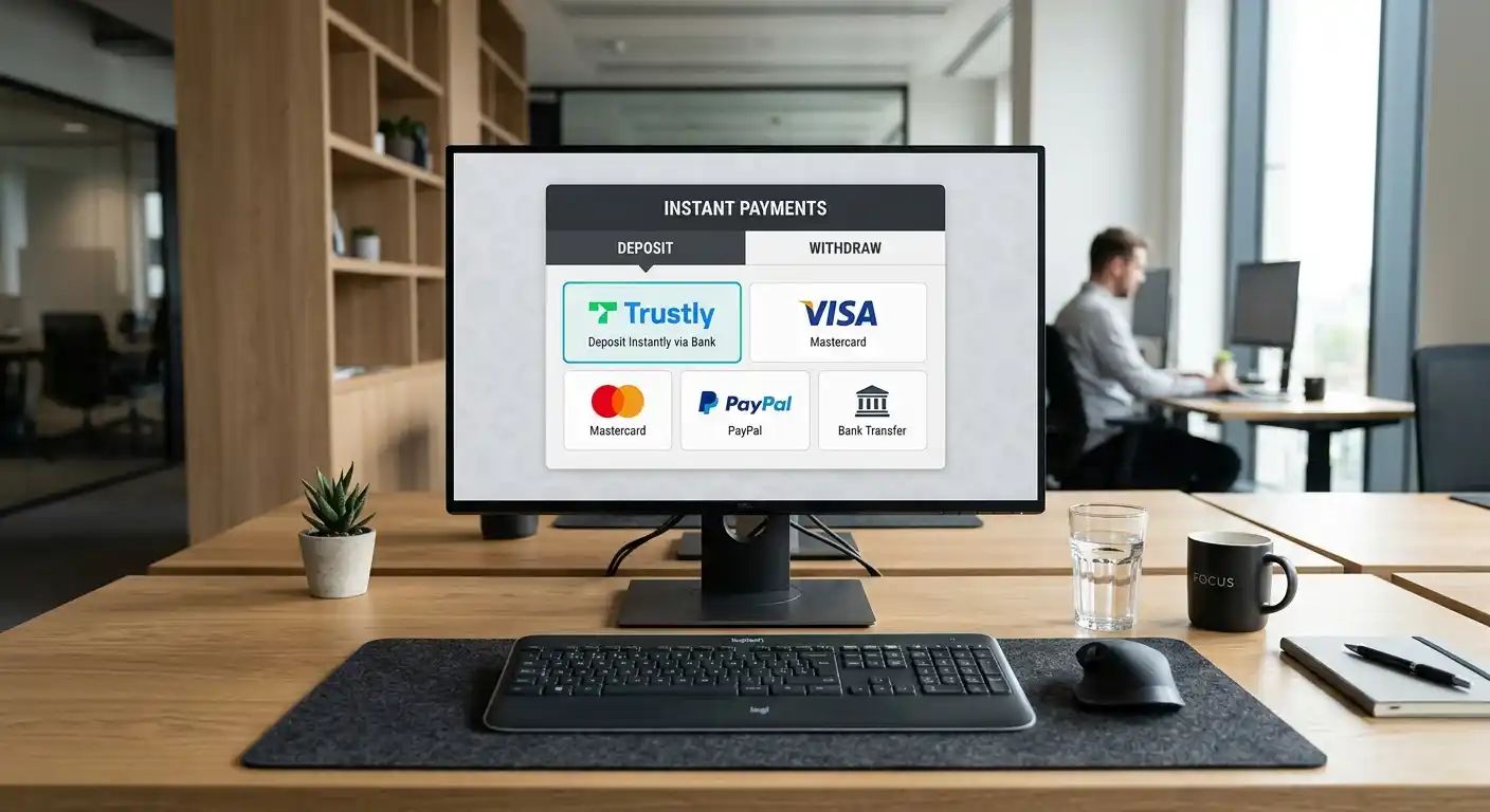 Moderne Büroumgebung mit Desktop-Monitor, auf dem Casino-Zahlungsoberfläche mit Trustly-Option zu sehen ist