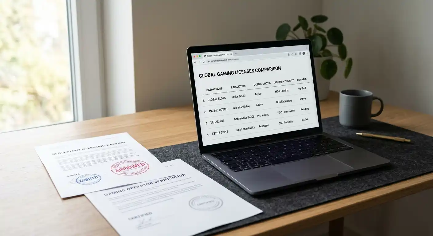 Laptop-Display mit Casino-Vergleichstabelle und Lizenz-Dokumenten