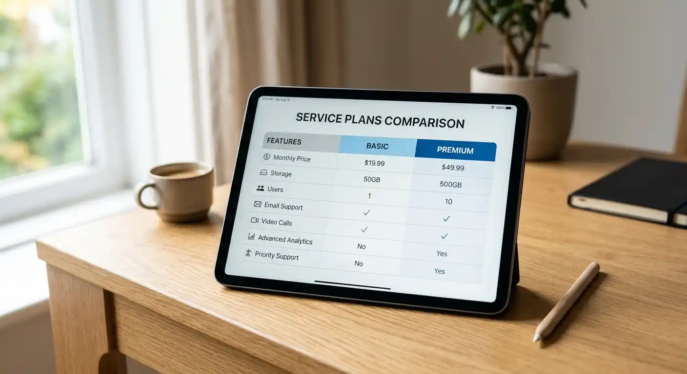 Vergleichstabelle auf einem Tablet-Bildschirm mit verschiedenen Zahlungsmethoden
