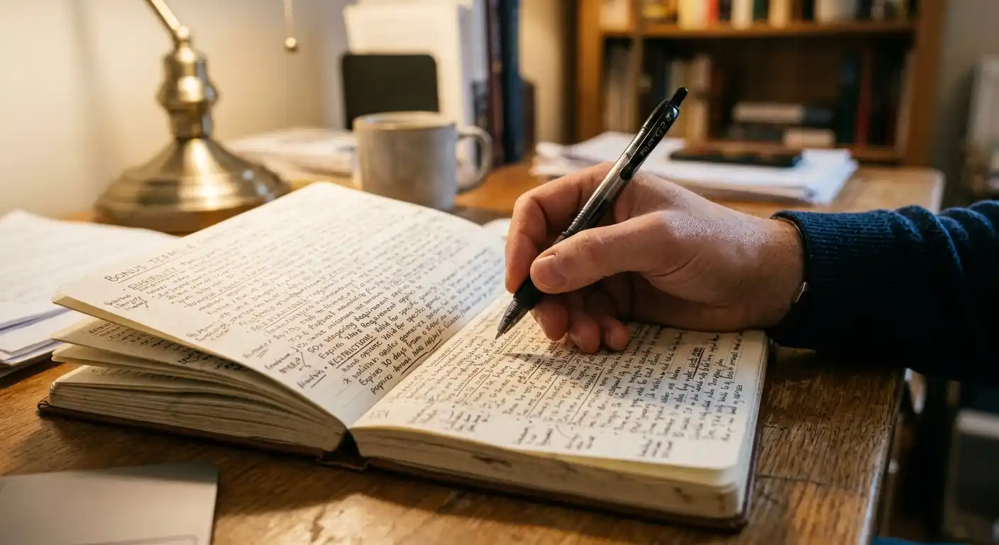 Hand mit Stift über Notizblock mit Bonusbedingungen