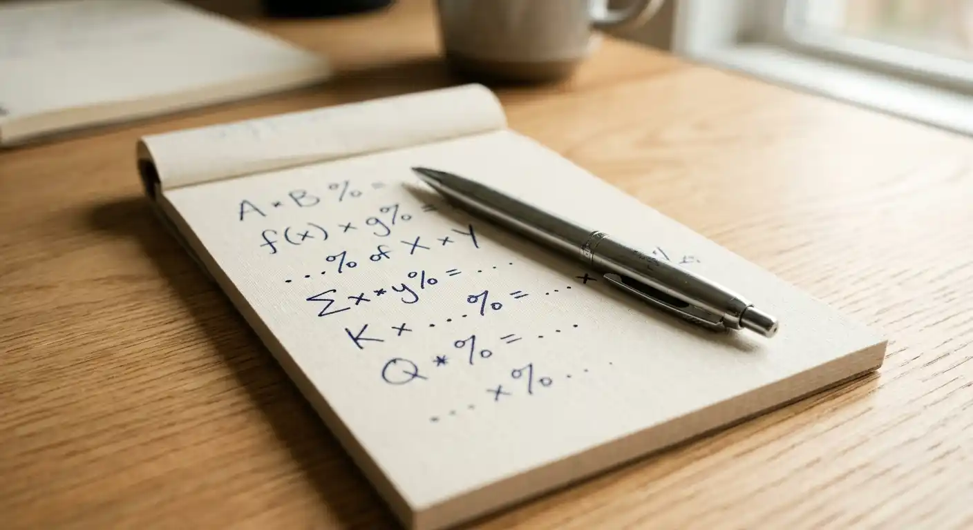Notizblock mit handschriftlicher Umsatzberechnung und Kugelschreiber auf hellem Tisch