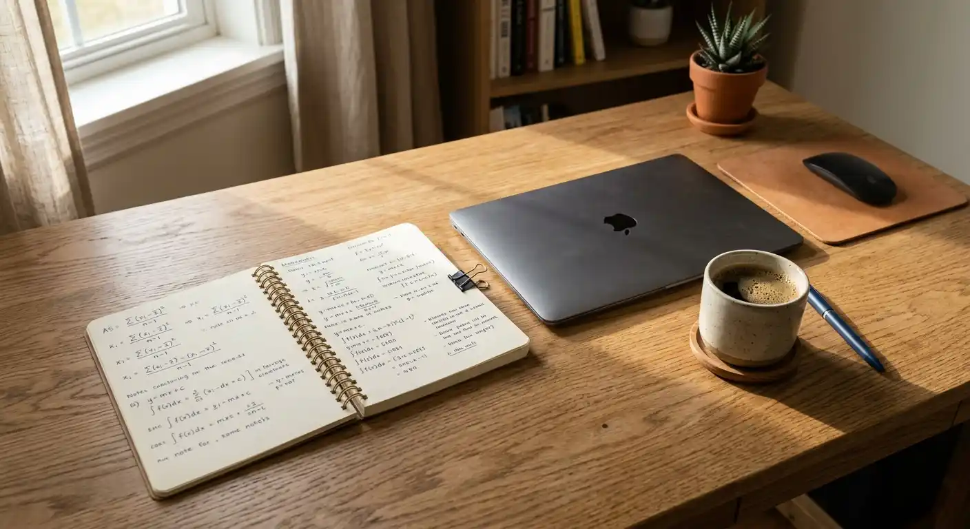 Notizbuch mit handgeschriebenen Berechnungen neben einem Laptop, warmes Licht von links
