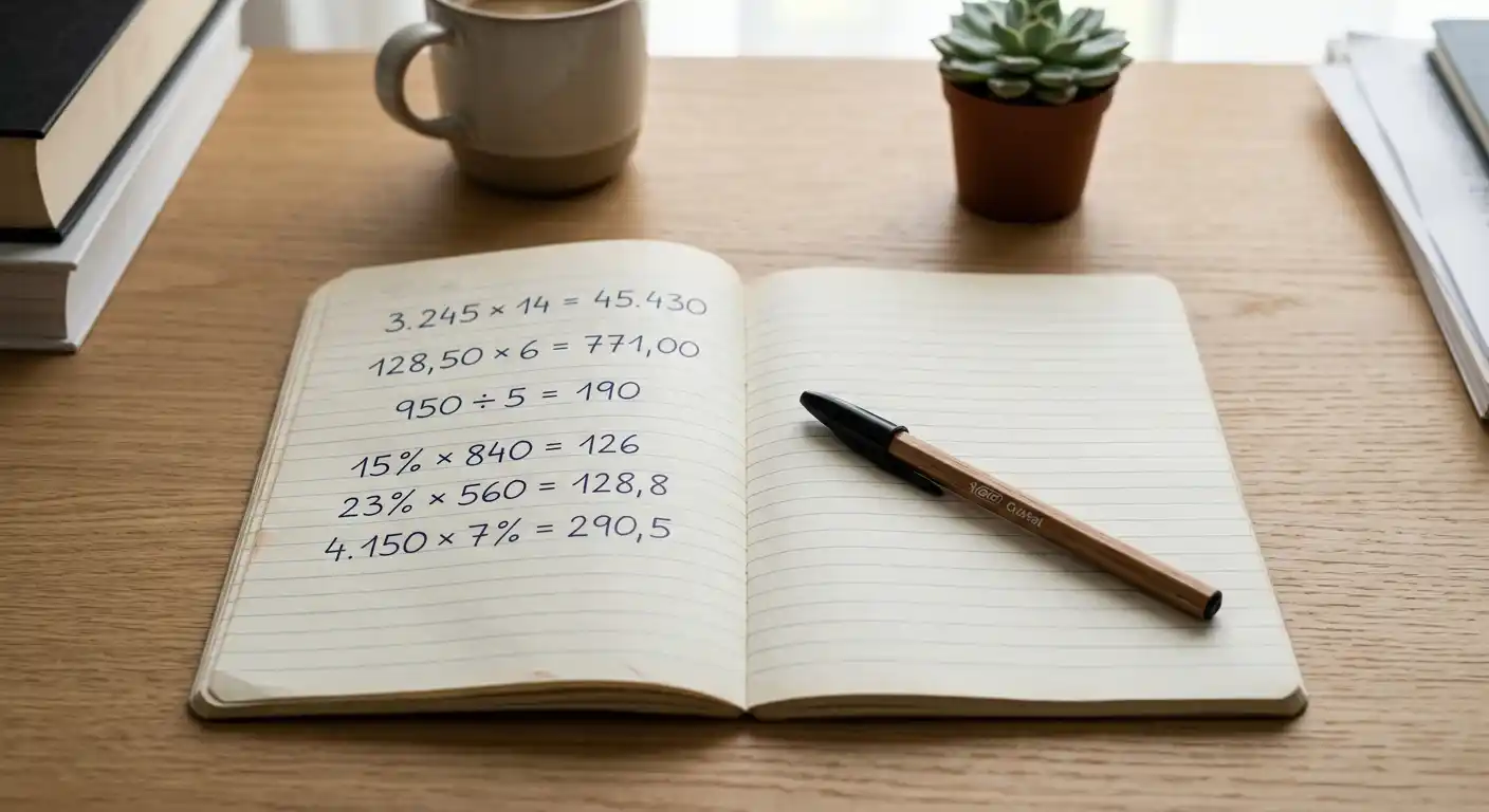 Notizbuch mit handgeschriebenen Umsatzberechnungen und einem Kugelschreiber auf hellem Papier