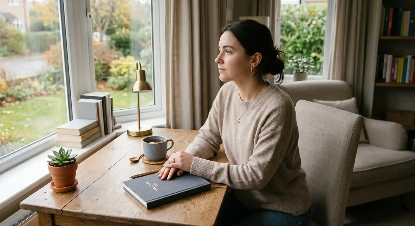 Person sitzt ruhig am Schreibtisch mit geschlossenem Notizbuch und einer Tasse Tee