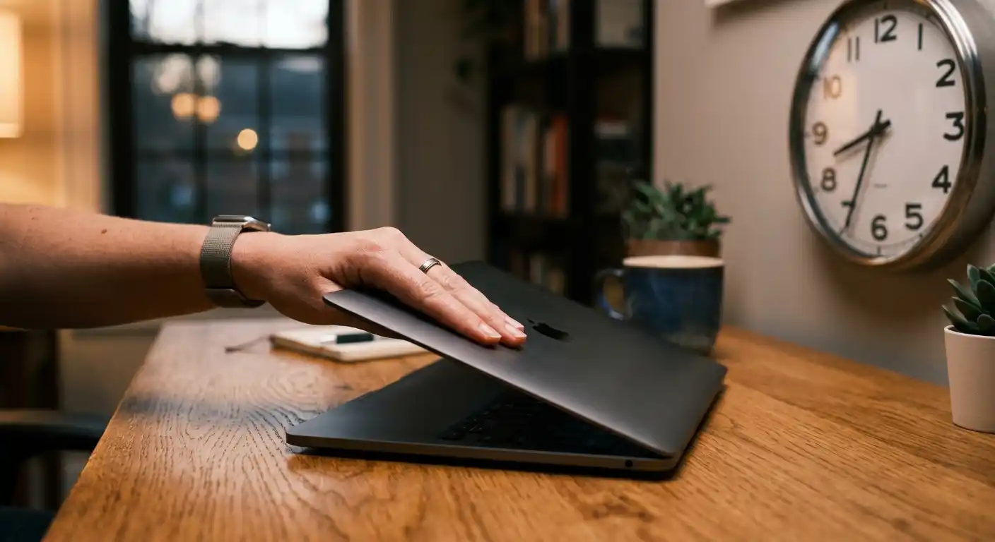 Eine Hand schließt entschlossen den Laptopdeckel, im warmen Abendlicht am Schreibtisch