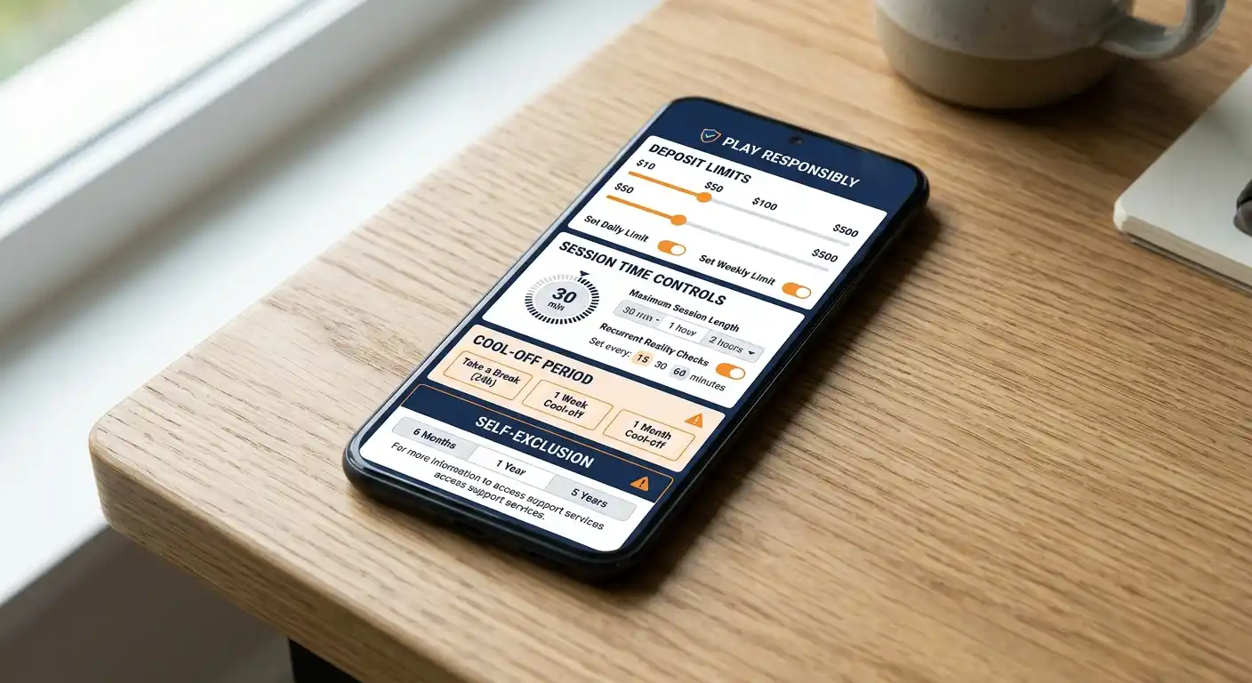 Smartphone mit Selbstausschluss-Einstellungen und Limit-Kontrollen in einer Casino-App-Oberfläche