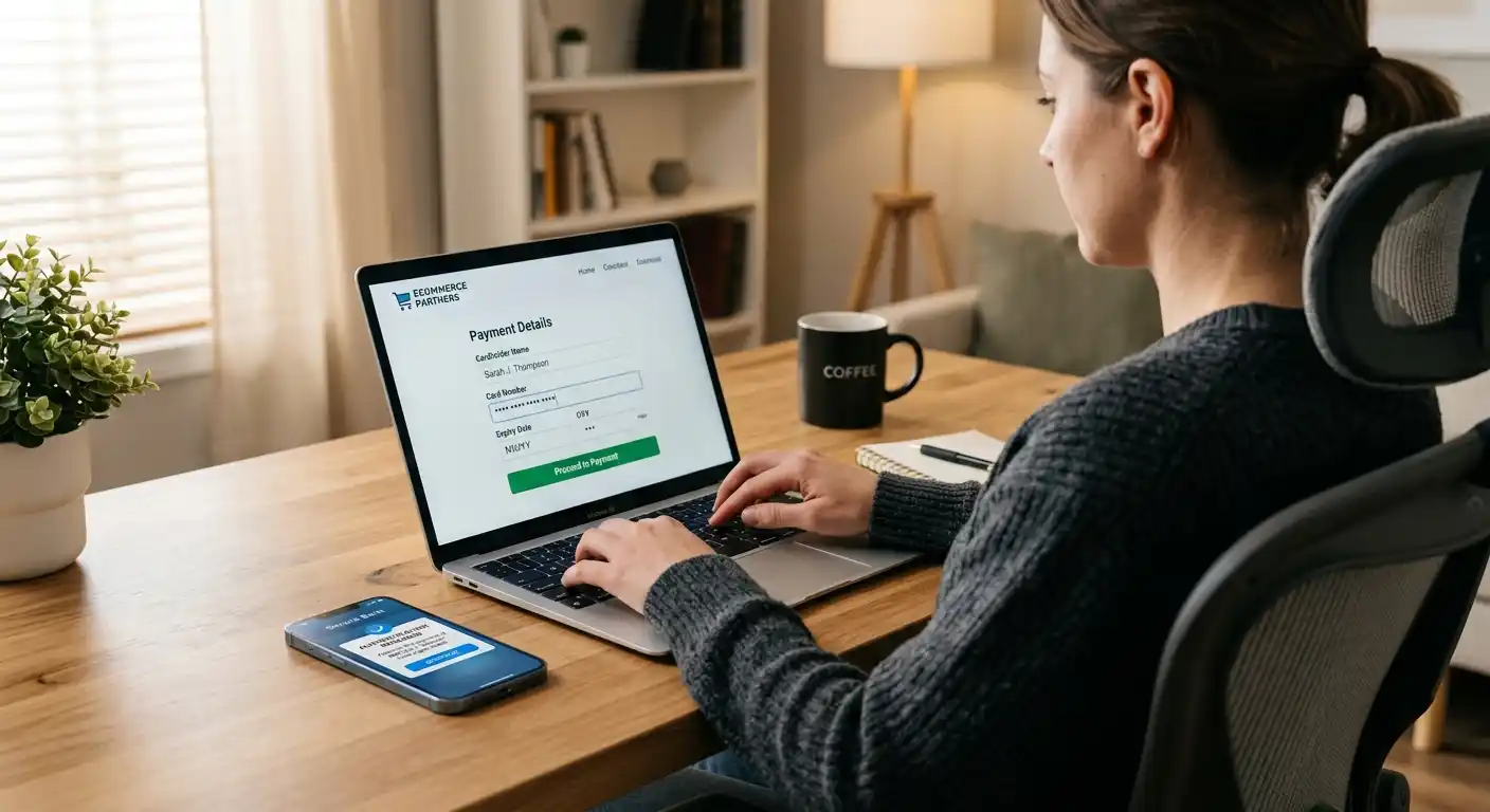 Person gibt Visa-Kartendaten auf Laptop ein mit 3D-Secure-Verifizierung auf Smartphone