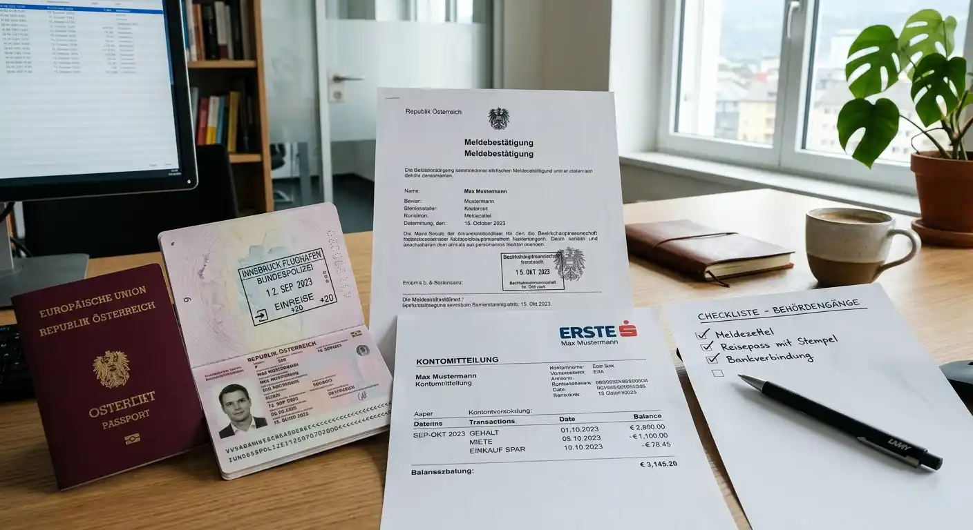 Meldezettel, Reisepass und Kontoauszüge auf Schreibtisch