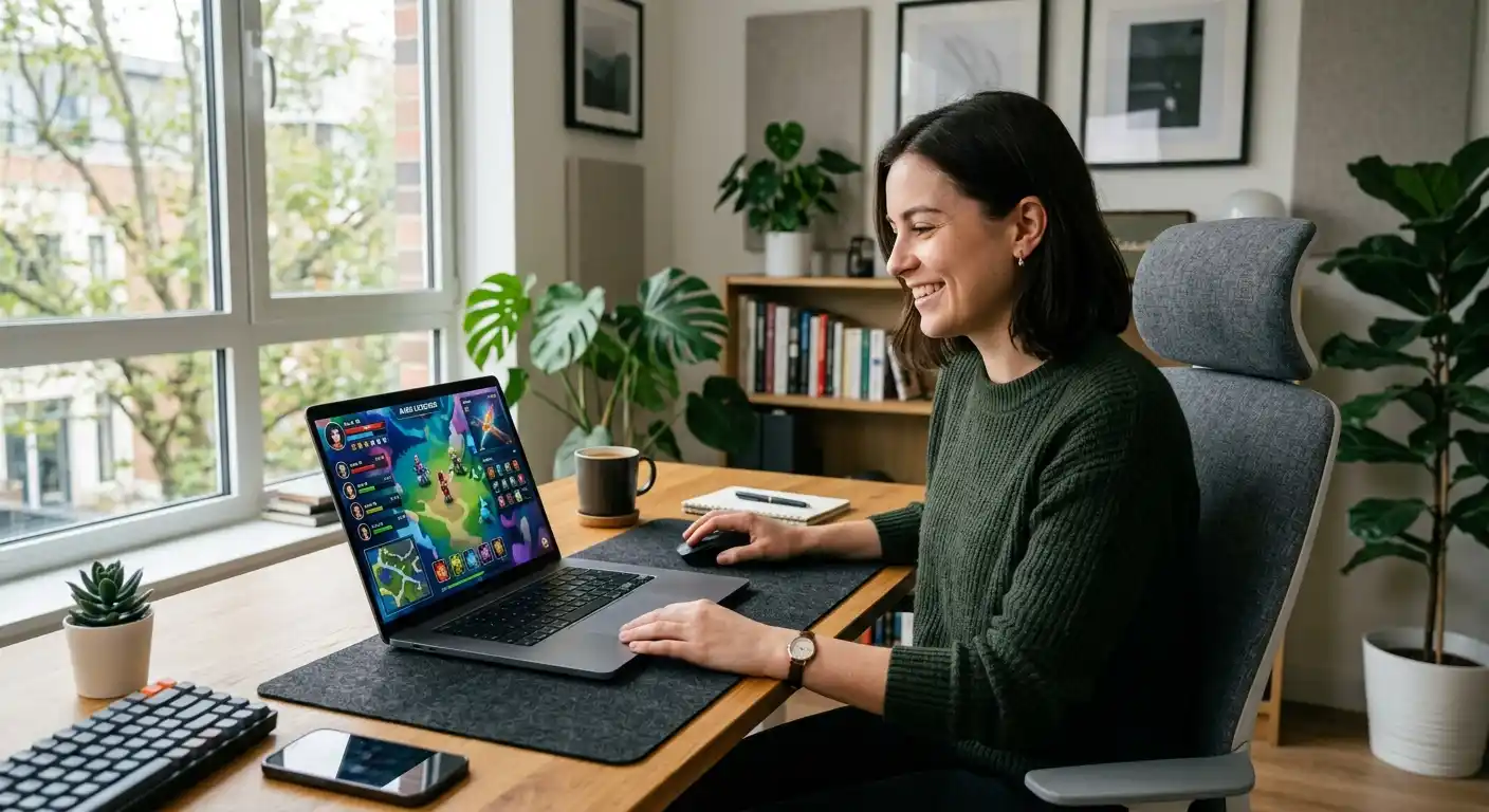Zufriedener Nutzer an modernem Arbeitsplatz mit Laptop