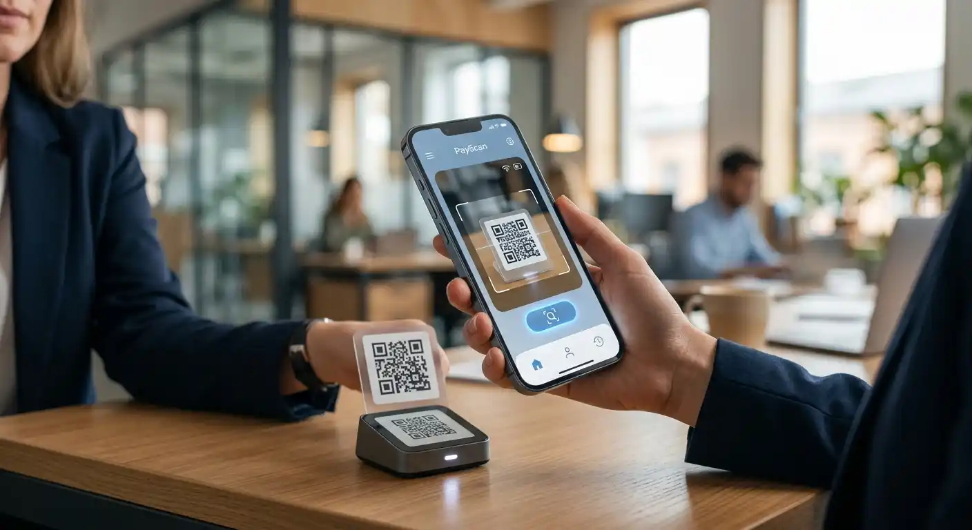 Futuristisches Konzept von mobilen Zahlungen und QR-Code-Scan