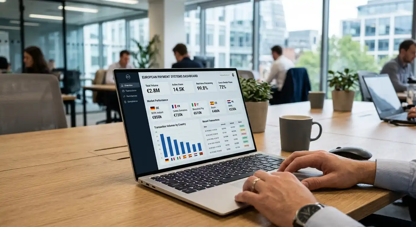 Europäische Zahlungssysteme und digitale Banking-App auf Laptop-Bildschirm