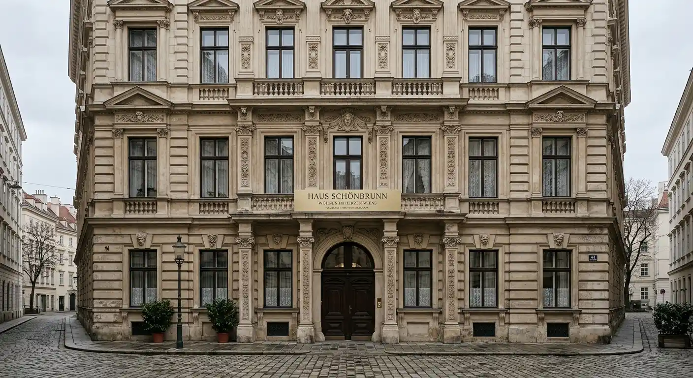 Klassische Wiener Gebäudefassade mit dezentem Eingangsschild