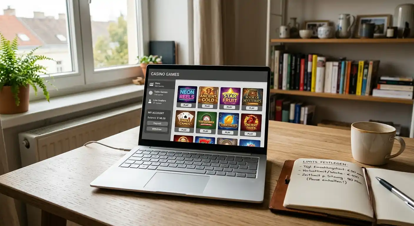 Win2Day Plattform auf Laptop mit Spielerschutz-Hinweisen in Österreich