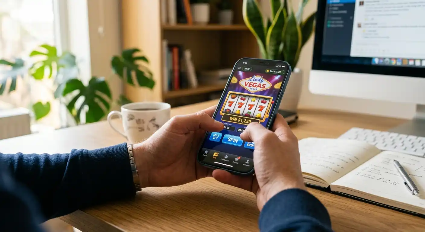 Person mit Smartphone und win2day-App auf Bildschirm