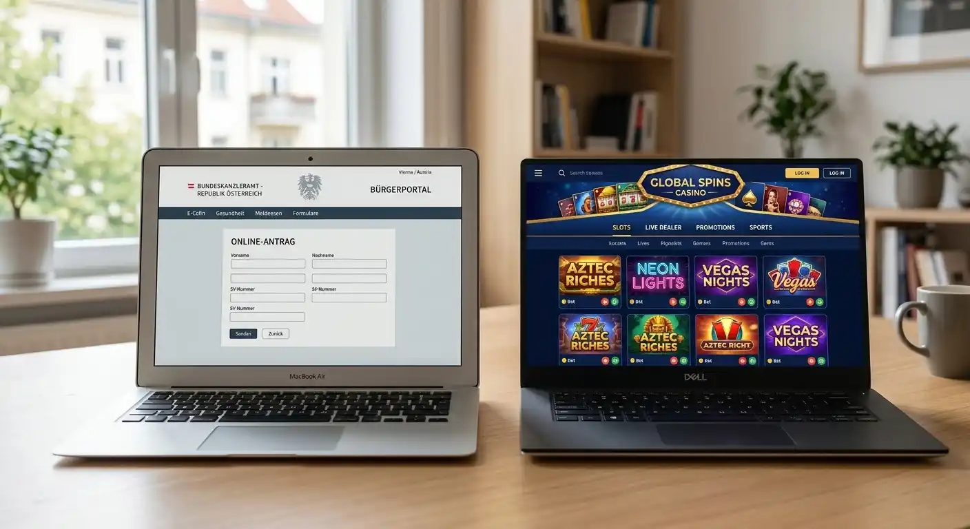 Side-by-side Vergleich zweier Laptop-Bildschirme — links österreichisches Portal-Design, rechts internationales Casino-Interface
