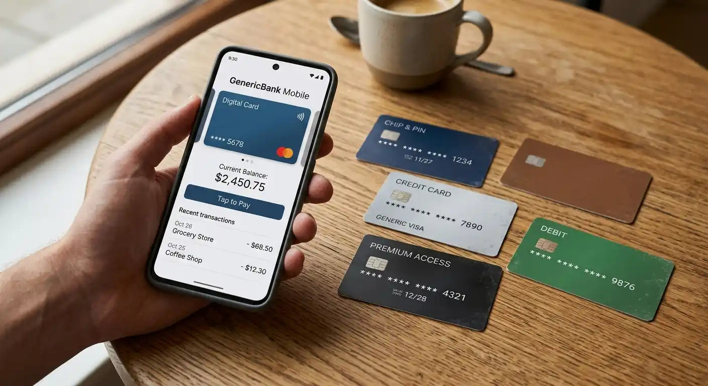 Nahaufnahme verschiedener generischer Zahlungskarten und Smartphone mit Zahlungs-App-Interface auf einem Holztisch, keine echten Kartennummern oder Logos sichtbar, sanftes natürliches Licht, realistische Fotografie, saubere minimalistische Komposition, warme neutrale Töne