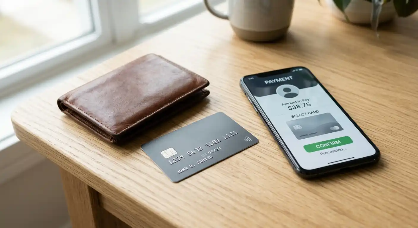 Sichere Zahlungsabwicklung mit Wallet und Bankkarte auf hellem Schreibtisch ohne echte Scheine