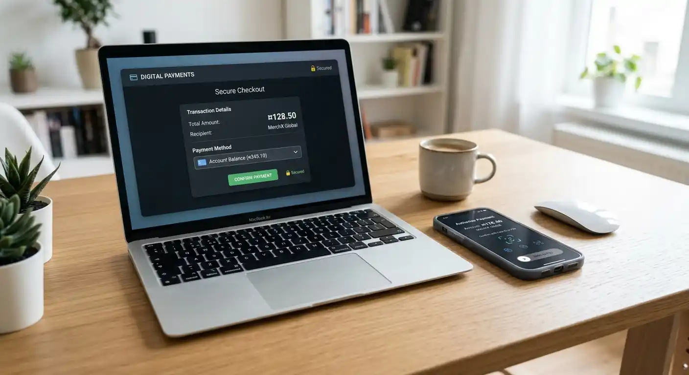 Smartphone und Laptop mit digitaler Zahlungsoberfläche