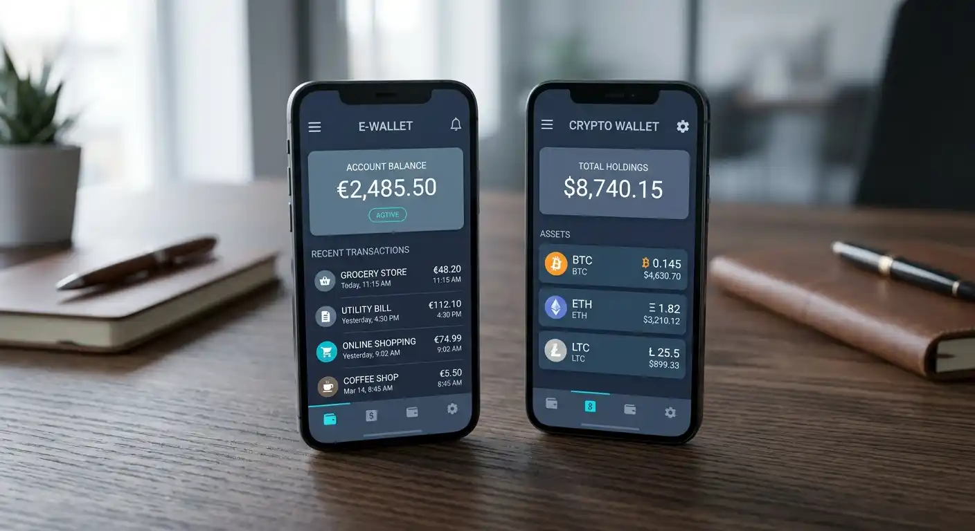 Smartphone mit E-Wallet-App und Krypto-Wallet auf österreichischem Schreibtisch