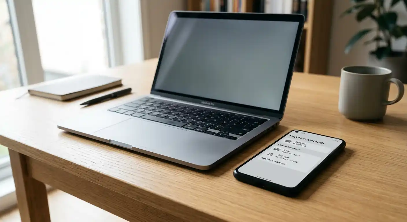Smartphone mit einer neutralen Zahlungsübersicht auf dem Display neben einem Laptop