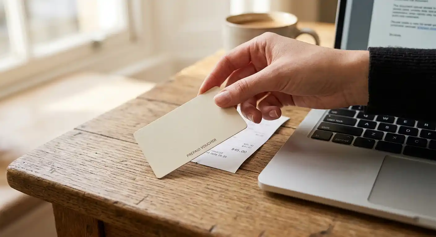 Hände legen einen neutralen Prepaid-Gutschein auf den Schreibtisch neben ein Laptop